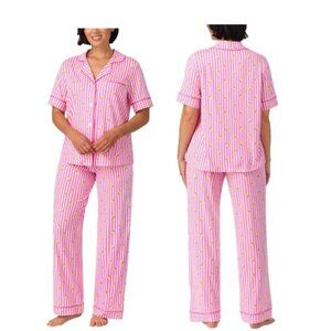 NWT Room Service Women's Notch Collar Pajama Set, Pink (Lemon Stripe)